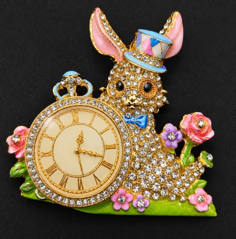 Wonderland White Rabbit & Pocket Watch Rhinestone Brooch Fantasy Easter Beige